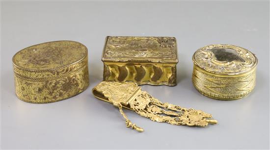 Three mid 18th century English gilt metal snuff boxes and a similar chatelaine chain